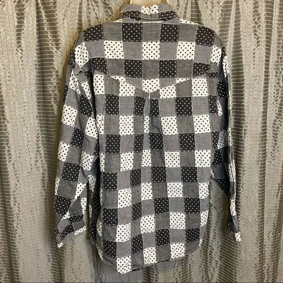 Vintage Liz Claiborne LizWear Black/Gray/White Patchwork Snap Button Shirt - Med - Picture 2 of 5